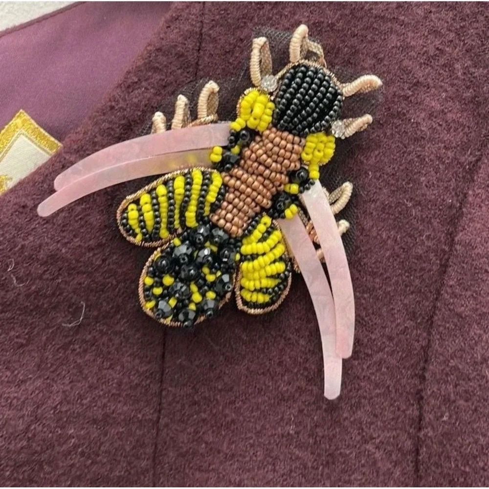Luba by Hannah Payne 🐝Burgundy‎ Wool Dress 3D Embellished Bee Belted A-Line